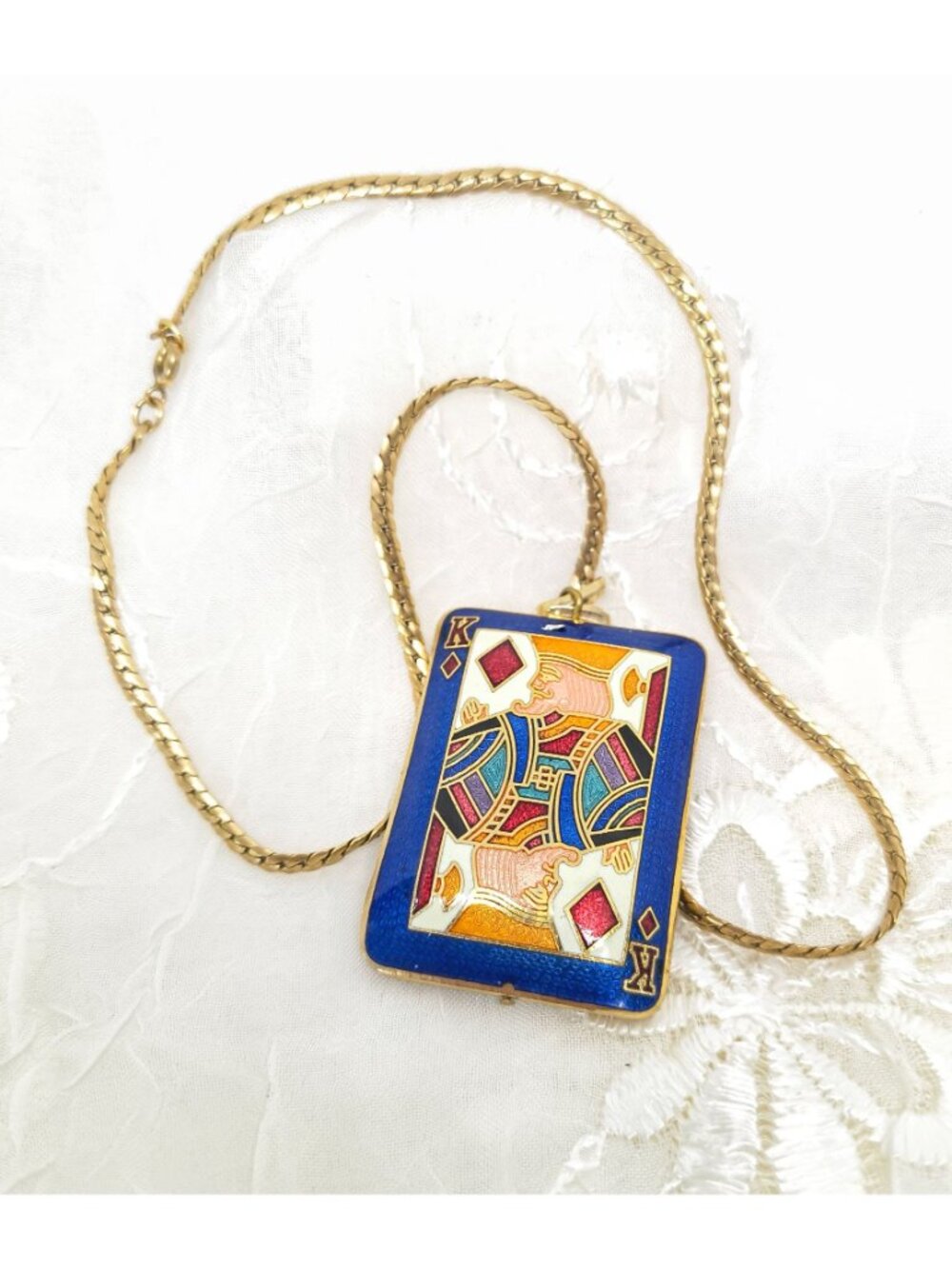 Cloisonne King Of Diamonds puffy Enamel playing card Pendant Necklace Chain - Picture 2 of 7